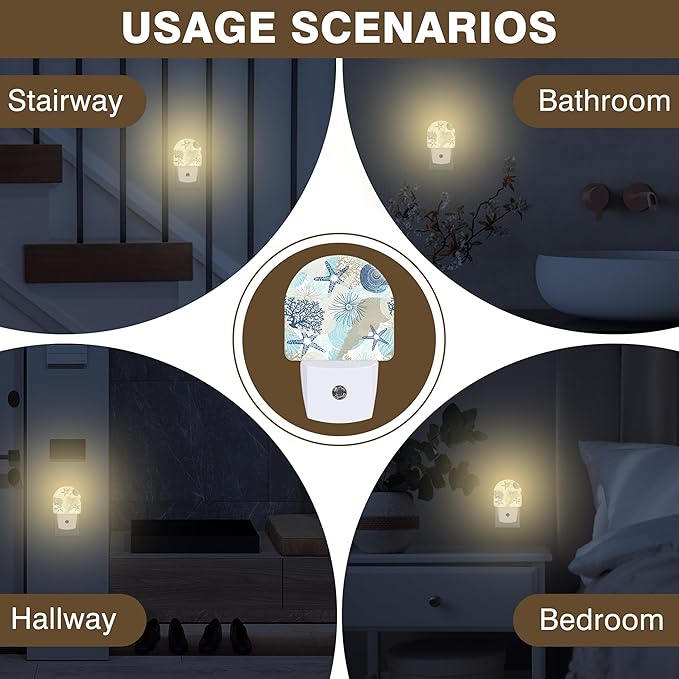 Night Light, Corals and Seashells Night Lights Plug into Wall Dusk to Dawn Sensor Round Nightlight for Women Men Energy Efficient Led Lamp 0.5W for Stairway Hallway Bedroom