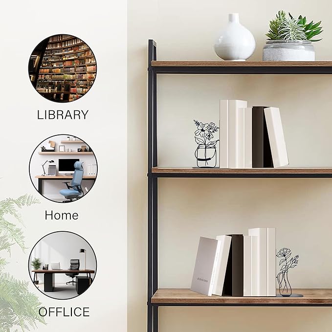 Metal Flower Book Ends, Cute Book Ends for Home Office Decor Decorative Book Ends for Shelves, Ideal Gift for Book Lovers(Black)