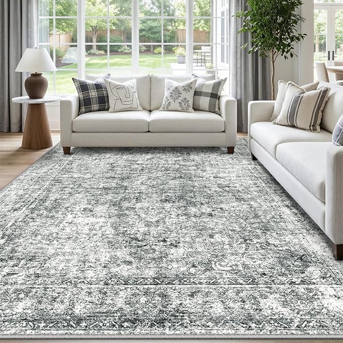 CAPALOCA Machine Washable Rugs Nursery Rug 7x9 Cute Girl Non Slip Low Pile Water Repellent Soft Print Pattern for Bedroom Indoor Decor Kids Playroom Grey