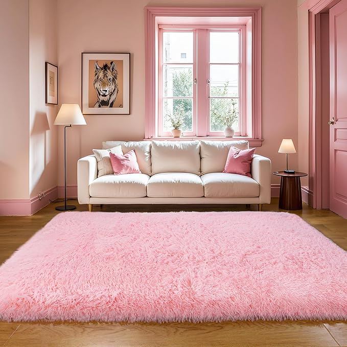 KICHOWUA Thick Area Rug Pink Fluffy Shag 3x5 for Girls Bedroom, Soft Cozy Fuzzy Plush Rug for Living Room, Machine Washable Shaggy Furry Pastel Carpet for Kids Toddler Boys Nursery Dorm Room