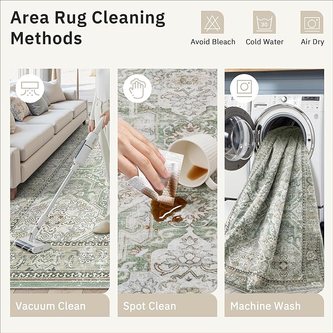 Soalmost 9x12 Area Rugs for Living Room, Non Slip Machine Washable Vintage Rugs, Low Pile Lightweight Large Rug for Bedroom, Dining Room, Home Office Green/Brown