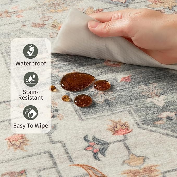Rugxara 8x10 Washable Area Rug for Living Room, Vintage Neutral Extra Large Boho Rugs for Office, Kids Room, Farmhouse, Durable Low Pile Non Slip Carpet for High Traffic Areas, Taupe