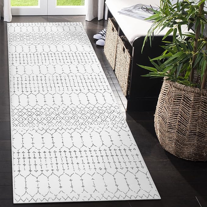 Lahome Moroccan Small Runner Rug - 2x5 Rug Runner Non-Slip Washable Laundry Room Rugs Throw Lightweight Hallway Carpet Indoor, Geometric Print Mat for Bedroom Kitchen Hana (White, 2'x5')