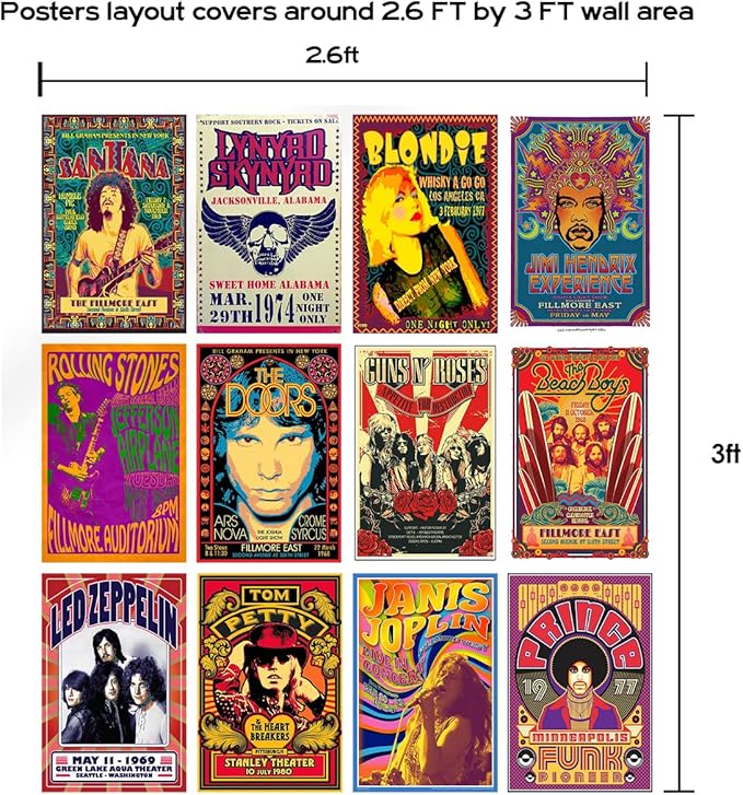 Woonkit Vintage Rock Band Posters for Room Aesthetic, 70s 80s 90s Retro Music Bedroom Decor Wall Art, Concert Poster Wall Collage, Old Music Album Cover Prints (12 SET A, 7.8X11.8 INCH)
