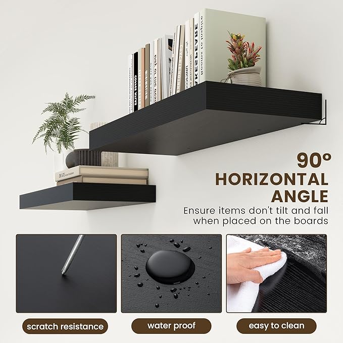 FLYJOE 30 Inch Floating Shelves | 12 Inch Deep Black Floating Shelves | 30" W x 12" D Rustic Wood Shelves for Wall | Deep Black Shelves for Living Room Bathroom Laundry Room Kitchen