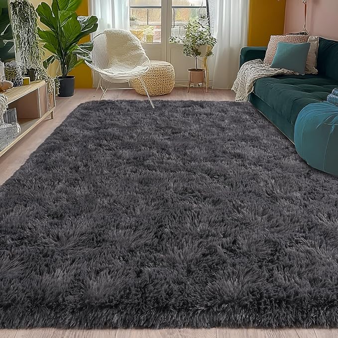5x7 Fluffy Fuzzy Area Rug for Living Room Bedroom, Ultra Soft Rugs for Living Room, Modern Shaggy Carpets Rug for Boys Girls Dorm Nursery Home Decor Aesthetic, Upgrade Non-Slip Durable, Charcoal Grey