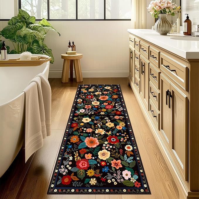 RELEANY Floral Nursery 2x10 Area Rugs Washable Print Boho Cute Carpet Non Slip Flower Low Pile for Living Room Kids Girls Playroom Bedroom Kitchen Office Farmhouse-Black