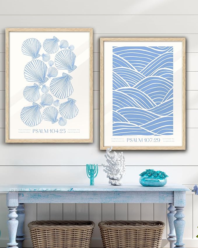 EcoHest Modern Christian Ocean Waves Framed Wall Art, Large 16x20 in OAK Wood Christian Psalm 107:29 Canvas Wall Art, Beige Logs Storm Home Decor Set of 1 for Bedroom Living Room