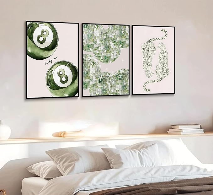 3Pcs Trendy Leopard Disco Ball Canvas Wall Art Sage Green Lucky Poster Prints Preppy Ace Cards Wall Decor pictures for Girly Bedroom Apartment Dorm Decoration Unframed