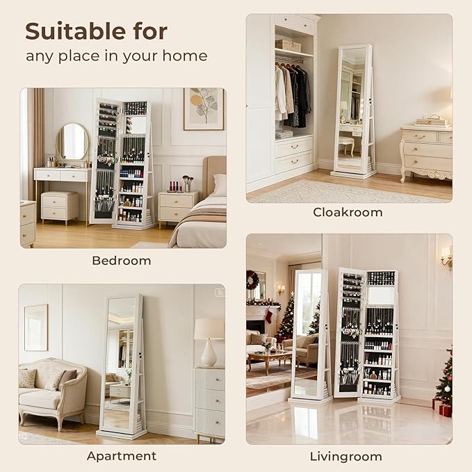 4-In-1 Jewelry Armoire with Full-Length Mirror, 360° Swivel Lockable Jewelry Cabinet Standing with 3 Storage Shelves & Vanity Mirror, Jewelry Organizer with Storage for Gift Idea, White