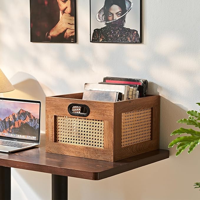 LELELINKY Vinyl Record Storage Crate, Rattan Vinyl Record Holder with Handle, Wood Record Crate for Vinyls Holder up to 75 LP's, Desktop Cube Album Storage for Vinyls Records(Tea Brown)