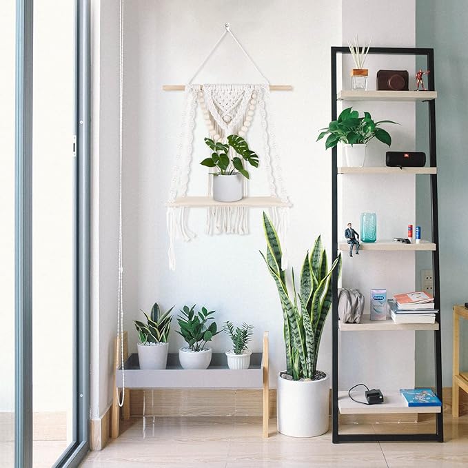 Macrame Wall Hanging Shelf Tier 1, Handmade Woven Boho Shelf Decor Macrame Wall Decor, Floating Hanging Plant Shelf Storage Organizer for Bathroom Bedroom Nursery