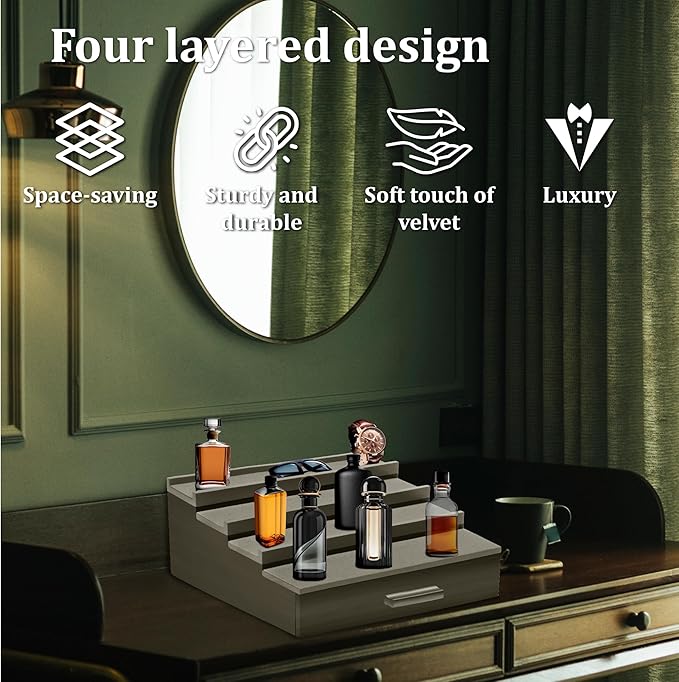 Cologne Organizer for Men,4 Tier Wood Perfume Display Stand with Velvet Lining Drawer and Hidden Compartment ,Perfume Organizer for Men,Great Gift for Man (Black)