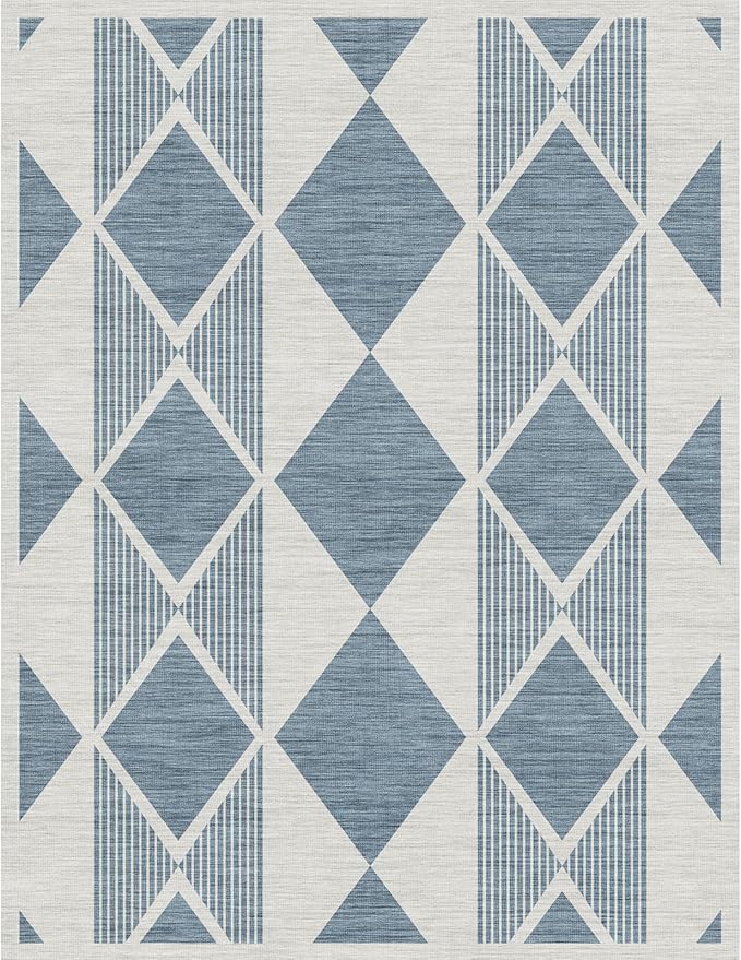 4x5 Washable Entryway Office Rug: Mid Century Modern Area Rugs Geometric Non Slip Soft Low Pile Indoor Carpet for Living Room Bedroom Kitchen Bathroom Entrance (Blue White, 4X5)