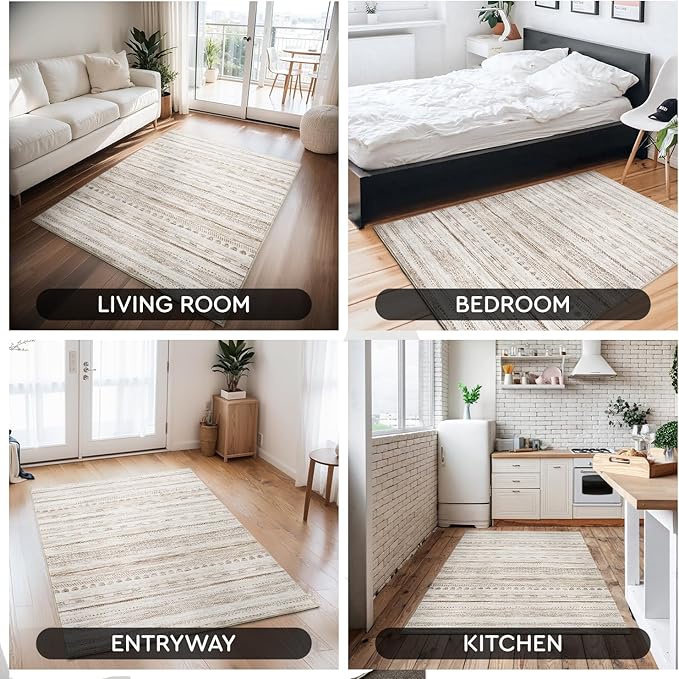 Small Area Rug-2x3 Entryway Rug Non Slip Washable Low Pile Indoor Door Mat Neutral Distressed Boho Moroccan Entrance Rugs Carpet for Bedroom Kitchen Powder Room Front Porch Bathroom, Brown
