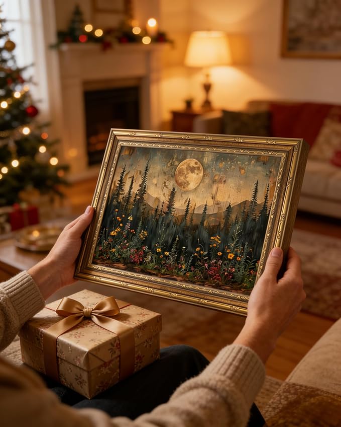 Gold Framed Wall Art Vintage Nature Forest Wall Art Full Moon Forest Landscape Wall Decor Picture Rustic Dark Wildflower Field Poster Print for Bedroom Living Room 9x11in