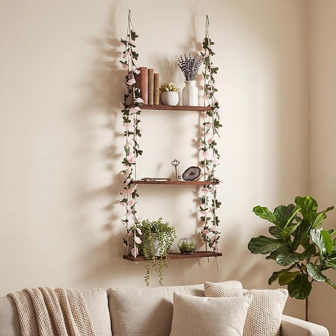 AceOrbit 3 Tier Wall Hanging Shelves with Artificial Ivy Leaves, 15.8"x52" Boho Room Decor Handmade Cotton Rope, Wooden Hanging Storage Floating Shelves for Small Plants, Living Room Bedroom