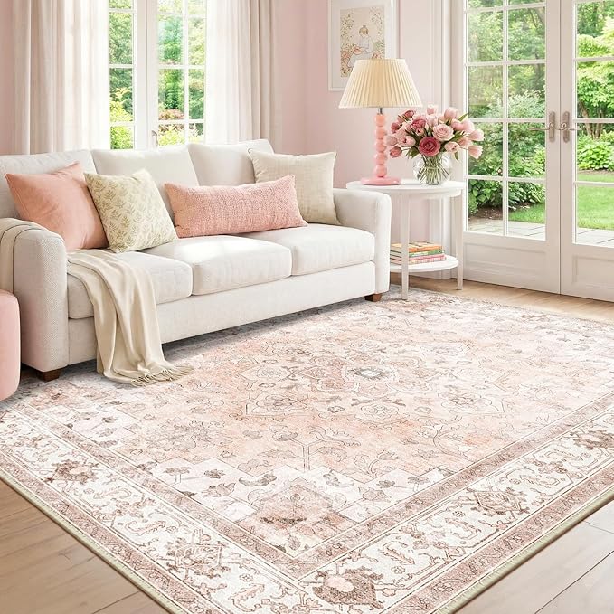 CAPALOCA Machine Washable Rugs Nursery Rug 5x7 Cute Girl Non Slip Low Pile Water Repellent Soft Print Pattern for Bedroom Indoor Decor Kids Playroom Pink
