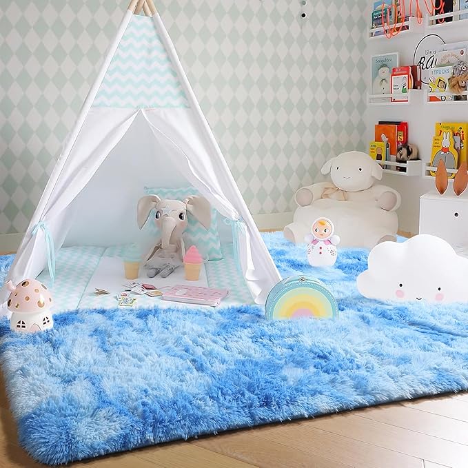 Amdrebio Tie-Dyed Light Blue Area Rugs for Bedroom Living Room, 5x7 Soft Cute Fluffy Stitch Rug for Girls, Boys, Baby Kids Room Decor, Plush Shaggy Fuzzy Furry Carpet for Classroom Nursery Playroom