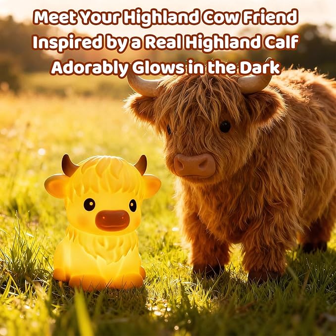 BPA-Free Silicone丨Huggwaii Highland Cow Night Light for Kids, Dimmable Squishy Night Light Touch Cow Lamp, Highland Cow Gifts for Nursery, 30 Auto-Off Timer, Cute Room Decor for Boys Girls Women