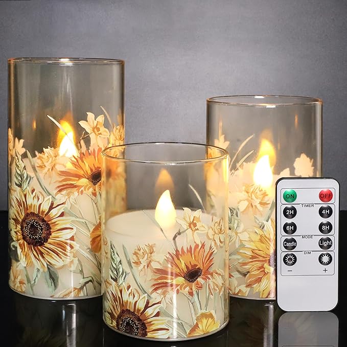 MELTONE Sunflower Flameless Candles Remote Real Wax Flickering Battery Operated Glass Candles - Home Party Bedroom Birthday Christmas Summer Spring Decorations