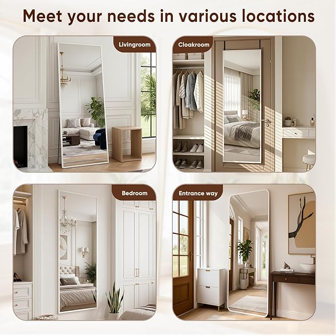 Antok 48''x 14'' Full Length Mirror Over Door, 4-in-1 Standing Leaning Wall Mounted, Adjustable Hanging Mirror for Bedroom Living Room, White, Rect Corner
