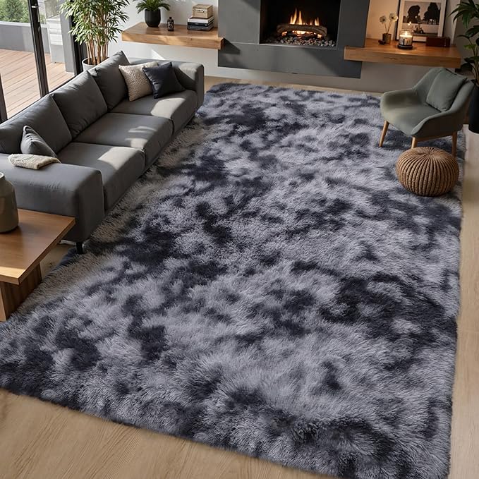 Grey Fluffy 9x12 Large Area Rugs for Bedroom Living Room,Tie-Dye Dark Gray Soft Washable Shag Carpet for Kids Room, Nursery, Dorm Decor, Colorful Cute Plush Fuzzy Rugs for Baby Toddler