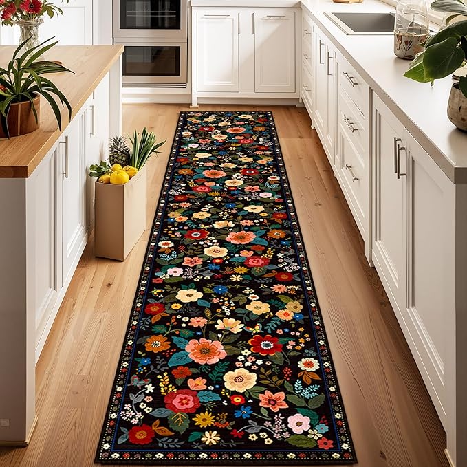 RELEANY Floral Nursery 2x6 Area Rugs Washable Print Boho Cute Carpet Non Slip Flower Low Pile for Living Room Kids Girls Playroom Bedroom Kitchen Office Farmhouse-Black