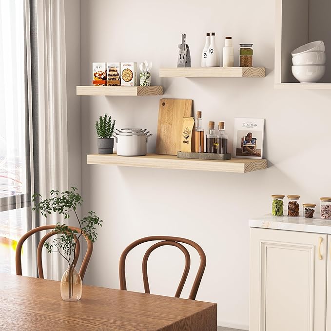 Vivelove Natural Wood Floating Shelves 48”,8 inch Deep Floating Shelf with Invisible Brackets, Unfinished Wall Shelves for Living Room, Bathroom, Kitchen, Bedroom, Home Decor, Set of 1 - Natural