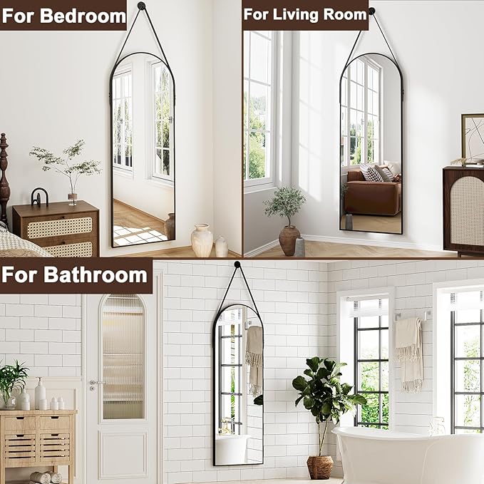 Full Length Mirror, Arched Wall Mounted Mirror, 48"x16" Door Mirrors with Hanging Leather Strap, Wall Mirrors Full Length with Aluminum Frame for Bathroom Living Room Entryway (Black)
