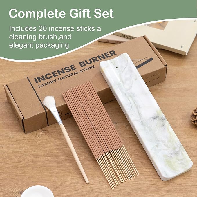 Marble Incense Holder Burner-Natural Stone Stick Incense Tray with Ash Catcher,20 Sticks & Brush - Elegant Decor for Meditation, Yoga, Home,Gift(White Green)