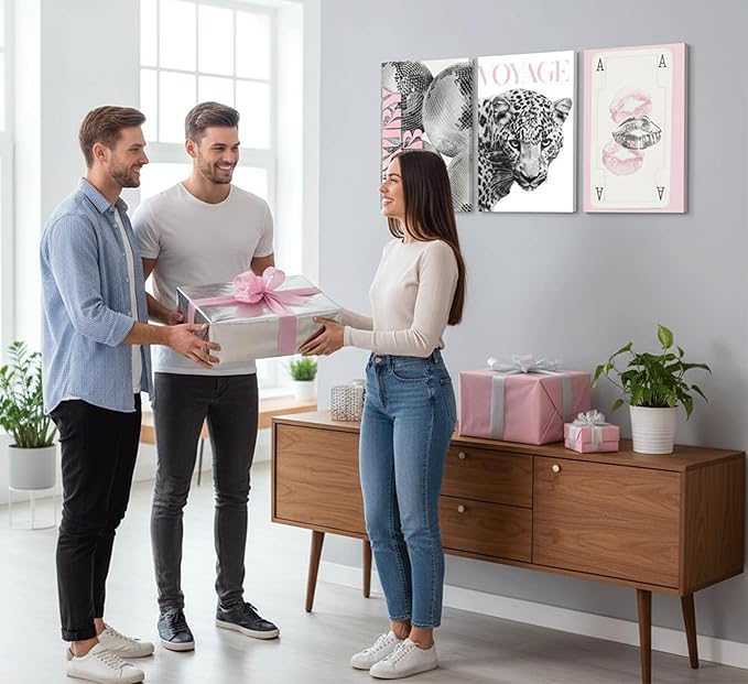 3pcs Pink Fashion Leopard Canvas Wall Art,Black and White Cheetah Pattern Printing Poster pictures,Funny Playing Card Lip Disco Ball wall decor for Girls' Room Living Room Bedroom 24x16in Framed
