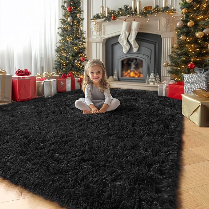 Amdrebio Black Area Rugs for Bedroom, 5x8, Large Fluffy Rug for Living Room Decor, Modern Cool Rugs for Kids, Boys, Men, Furry Shaggy Carpets for Classroom, Fuzzy Plush Gothic Carpet for Home Office
