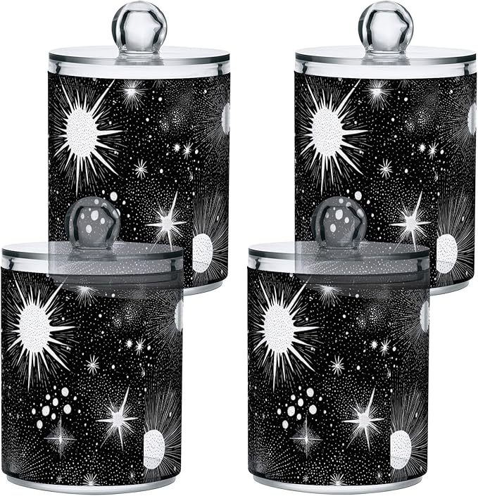 2 Pack Apothecary Jars Retro Dark Stars Sun Bathroom Vanity Storage Organizer Set,Small Clear Plastic Storage Jars Bathroom Canister for Cotton Swabs, Rounds, Balls, Qtips,Makeup Sponges, Floss