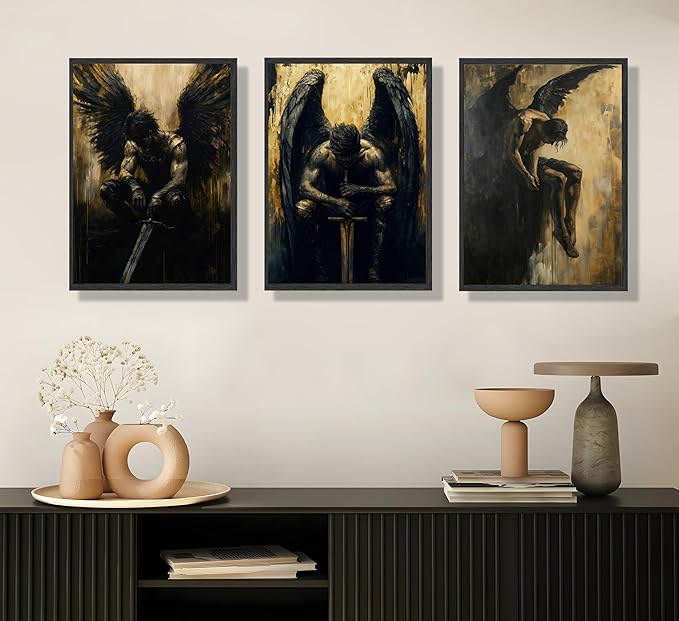 FJKLRP Gothic Dark Angel Wall Art Mural Set 3pcs Black-Winged Male Warrior Canvas Wall Decor Abstract Dark Preppy Style Poster Suitable for Living Room Bedroom and Office Unframed