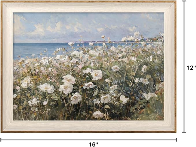 ASTRDECOR Framed Canvas Wall Art Room Decor, Vintage Landscape Wall Art for Home Decor Aesthetic Artwork, Coastal Scenery Nature Rustic Farmhouse Wall Decor for Living Room, White Wildflowers Oil Painting Pictures Bathroom Wall Decor- 12''x16''