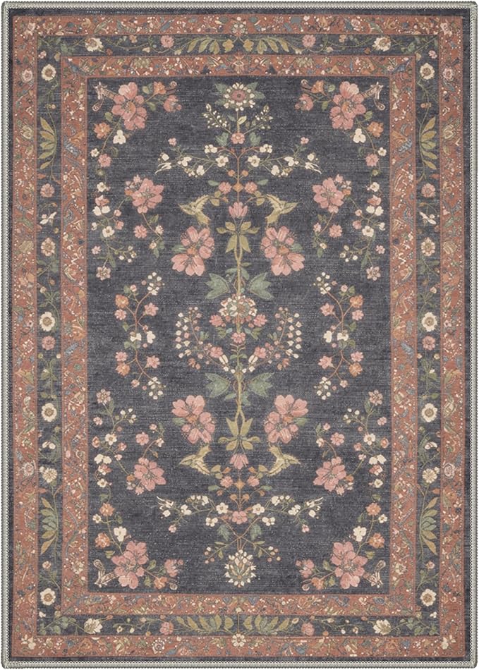 GENIMO 3x5 Area Rugs for Living Room, Machine Washable Non Slip Vintage Rugs, Low Pile Lightweight Chenille Print Rug for Bedroom, Dining Room, Home Office, Dusty Charcoal