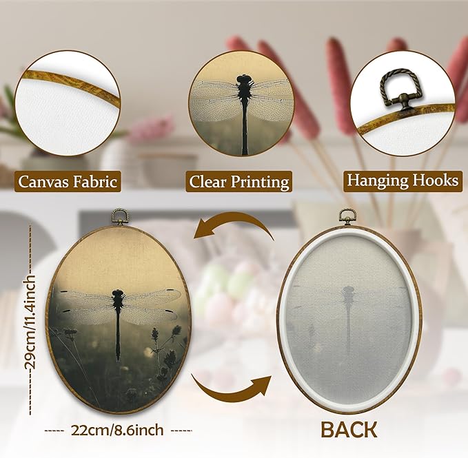 Mcehtle Moody Dragonfly Wall Art Decor, Vintage Dark Academia Insect Oval Framed Canvas Prints 8.6x11.4, Cottagecore Farmhouse Wall Hanging Artwork Decorations for Gallery Home Bedroom Living Room