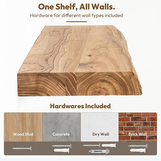 Vivelove 55 Inch Live Edge Floating Shelves Solid Wood, Elm Shelves for Wall with Invisible Bracket for Living Room Bedroom Bathroom Office Book, Rustic Farmhouse Wooden Shelf Set of 1- Natural
