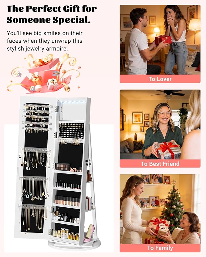 6 LEDs Jewelry Cabinet Standing Lockable with Rotatable Full-Length Mirror, 360° Swivel Jewelry Armoire with Jewelry Storage, 3 Rear Shelves, Jewelry Organizer for Best Gift, White