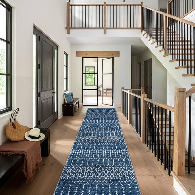 Lahome Moroccan Washable Kitchen Runner 2x8 Carpet Runners for Hallway 8Ft Low-Profile Non-Slip, Indoor Geometric Print Distressed Rug for Entryway Laundry Room Foyer Hana, Blue