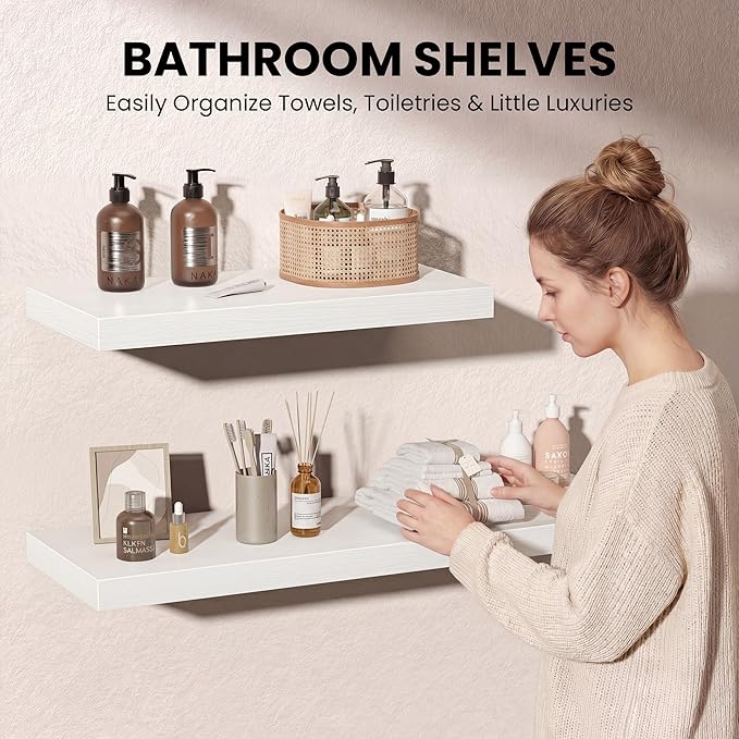 White Floating Shelves for Wall, 16'' W x 12'' D Wall Mounted Rustic Wood Shelves for Bathroom, Bedroom, Living Room, Kitchen, Hanging Shelf for Storage/Room Decor with Heavy Duty Brackets, 2 Pack