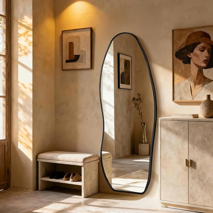 Dorlicecass Mirror Full Length - Irregular Full Body Mirror Standing or Leaning or Wall Hanging 63"x 24" Asymmetrical Aviation Aluminum Alloy Frame Unique for Bedroom, Living Room, Cloakroom, Entryway