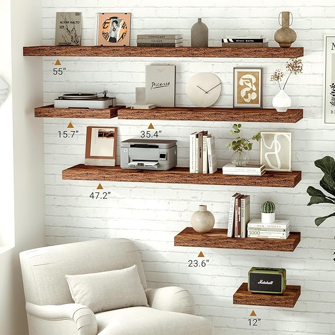 Vivelove 12 Inch Deep Floating Shelves for Wall, 16" Long Wall Shelves with Invisible Brackets, for Living Room Bedroom Bathroom, Farmhouse Rustic Shelves Home Decor, Set of 2, Rustic Brown