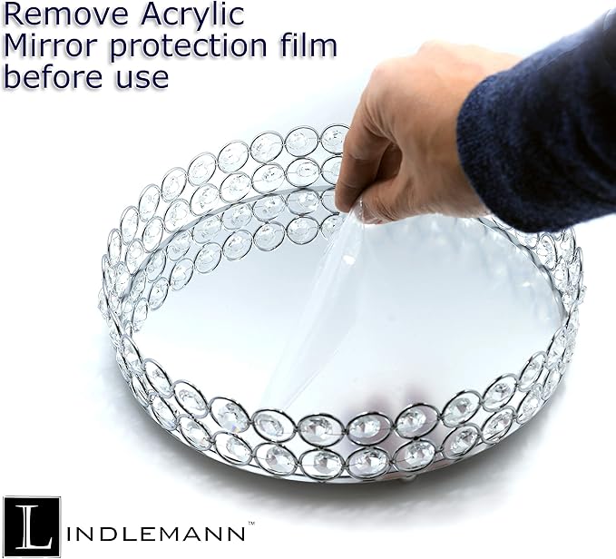 Crystal Decorative Tray Metal Mirrored Perfume Cosmetic Organizer Jewelry Trinket Display Storage Vanity Trays Home Décor Accents Luxury Gift (Round, 10in, Silver)