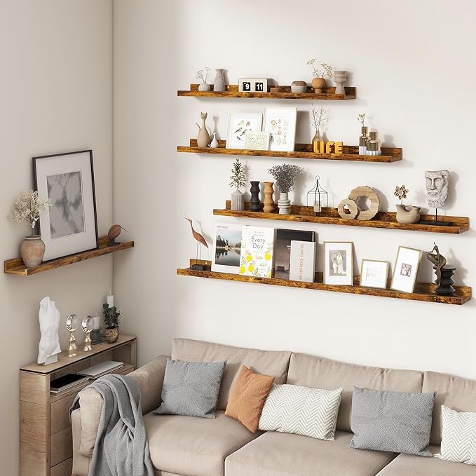 FLYJOE Picture Ledge Shelf, Floating Shelves Set of 2, 32 Inches Nursery Book Shelves for Toys Storage, Kids Bookshelf Wall Mounted for Living Room Bedroom Decor Books Photo Frames, Rustic Brown