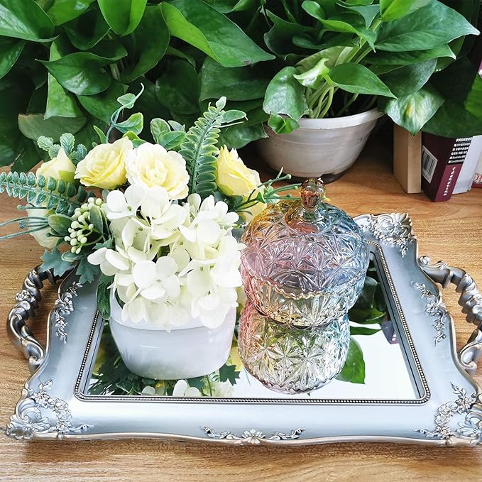 Rectangle Decorative Mirror Tray, French Style, Makeup Organizer, Jewelry Organizer, Serving Tray, 9.5"x 14.9", Golden Silver