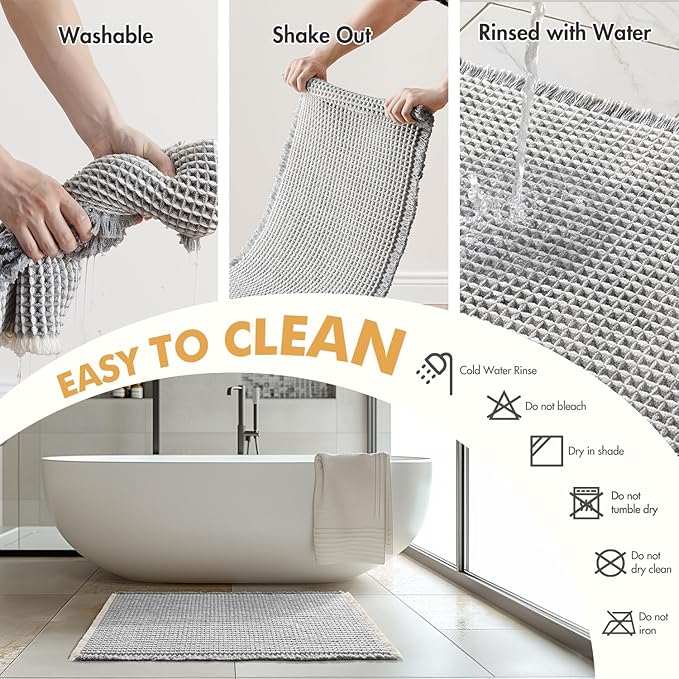 MIULEE Set of 2 Waffle Bathroom Rugs, Boho Bath Rugs Non Slip Washable, Super Absorbent Bath Mats, Ultra Soft Rubber Backed Shower Mats for Bathroom Floor, Tub, LightGrey & Cream, 17"x24"+18"x30"
