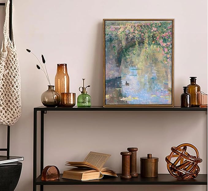 Framed Canvas Wall Art Vintage Country Wall Decor Impressionist Floral Pastel Oil Paintings Vintage Duck Water Print Rustic Bridge Nature Picture for Bathroom Bedroom Kitchen Living Room Farmhouse