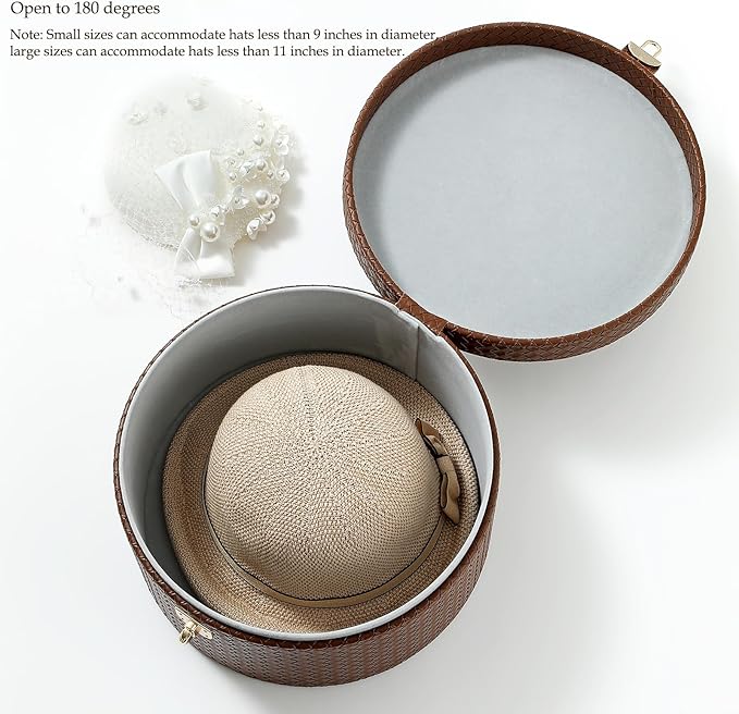 Large Leather Decorative Boxes Set of 2 Round Hat Box Bin Basket with Lid for Shelf Coffee Table Storage Remotes Modern Home Decor (brown)